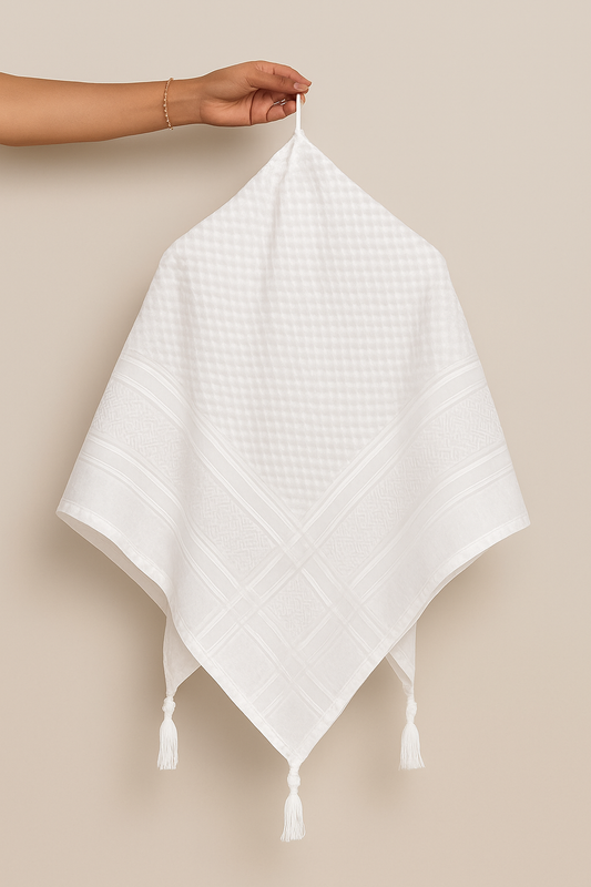 Al Yarmook Classic White Keffiyeh Scarf (men, 47x47 in., Lightweight Cotton)